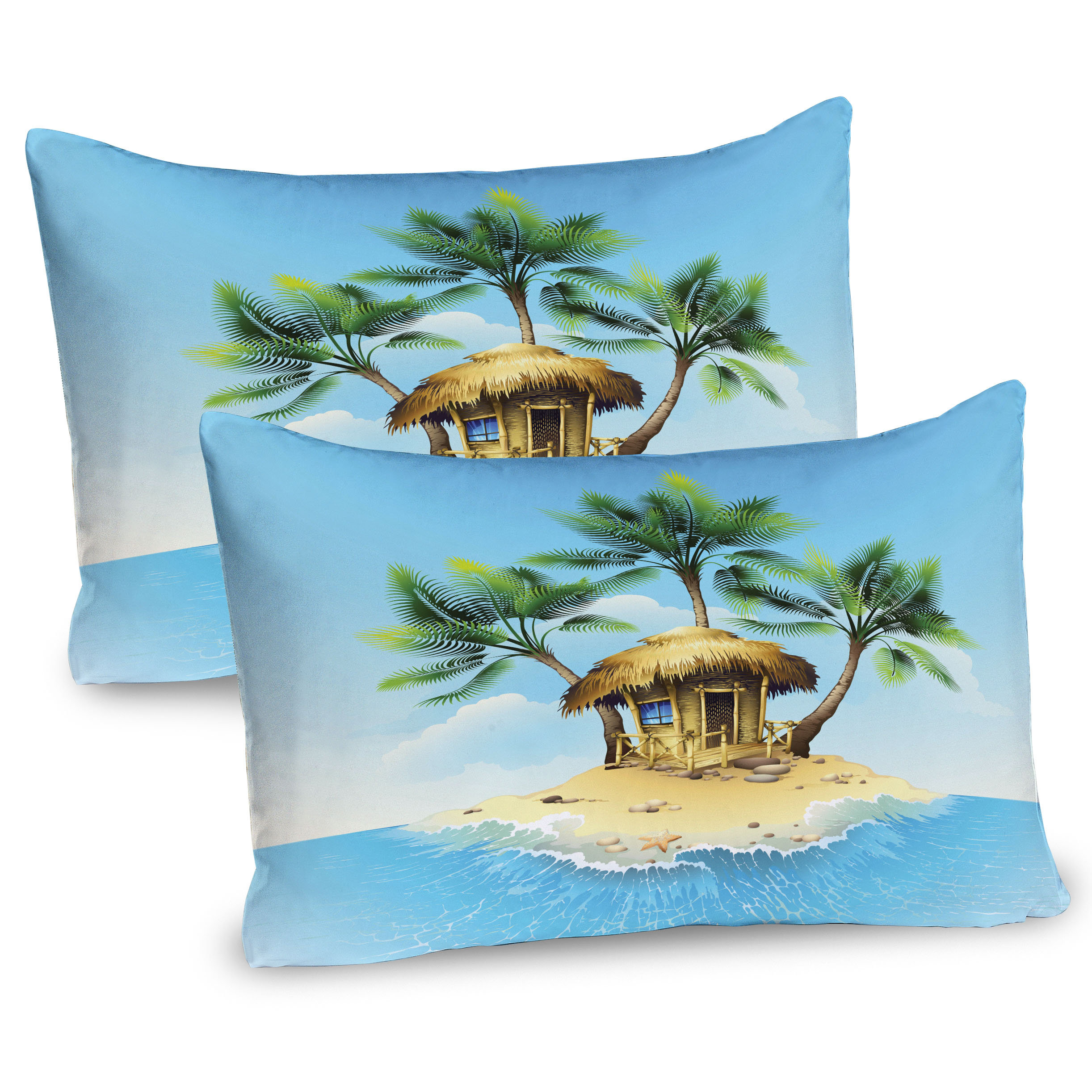 Ambesonne Tropic Pillow Sham 2 Pack Bungalow with Palm Tree 26 inchx20 inch Aqua Green Beige Size 2 Pack 26 x 20